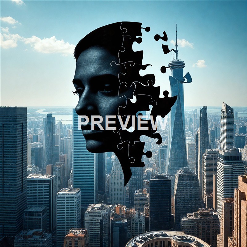 A digital collage featuring a woman's face integrated with puzzle piece elements, superimposed over a city skyline with tall buildings and a prominent tower, creating a surreal and abstract visual.